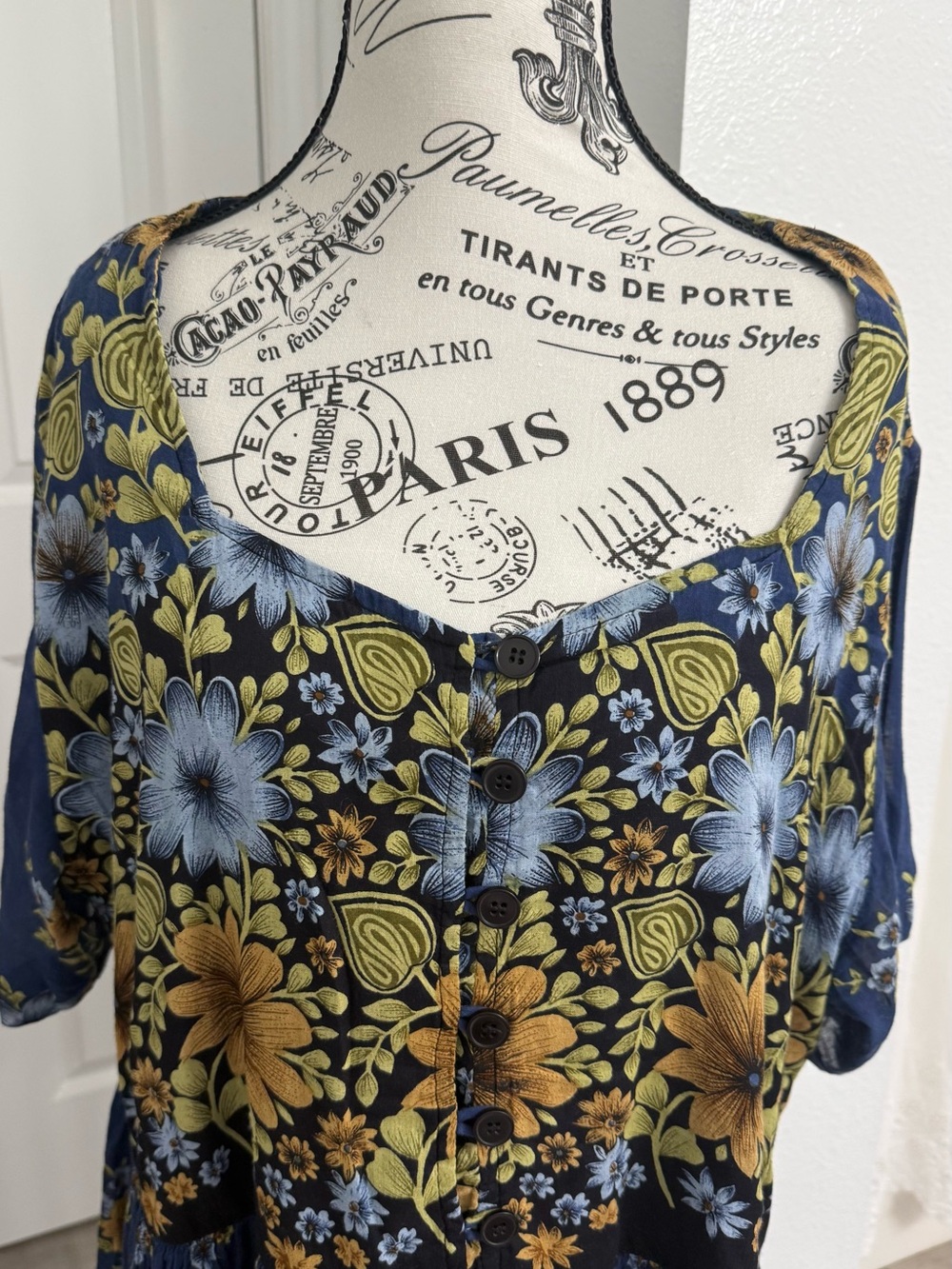 Just Class Floral Button-Front Women’s Top — Blue & Mustard